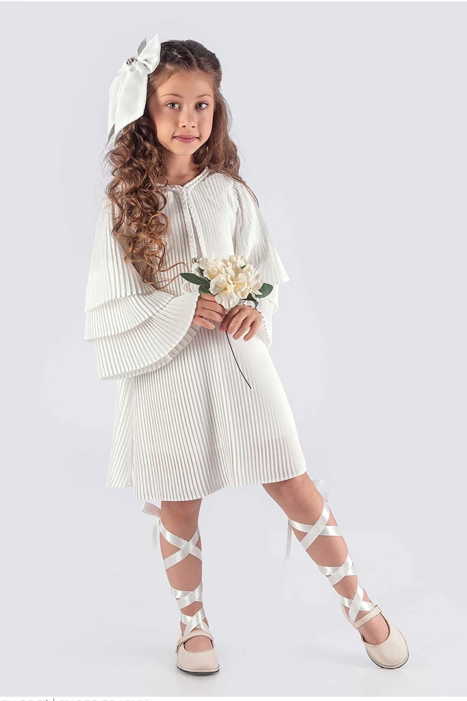 Kız Çocuk Elbise Piliseli Şık - BEYAZ
